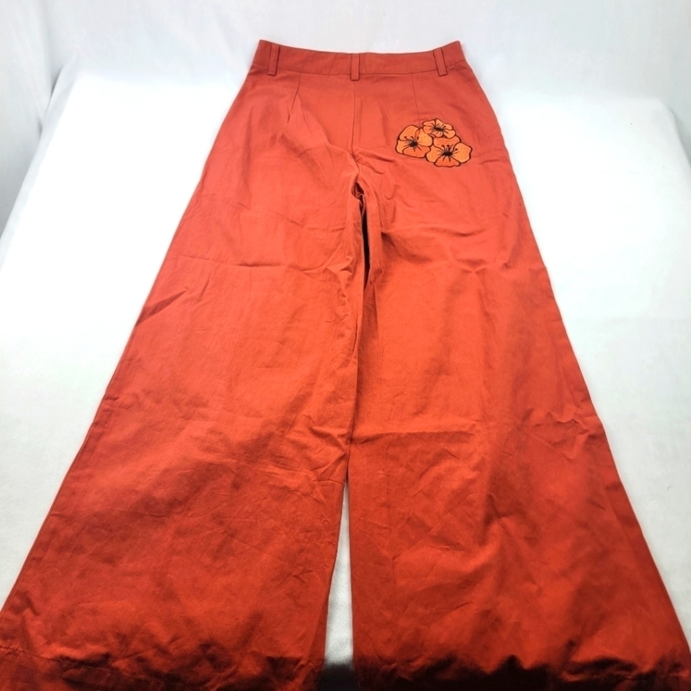 NWT Shein X high-waisted wide leg orange embroidered flower patch pants